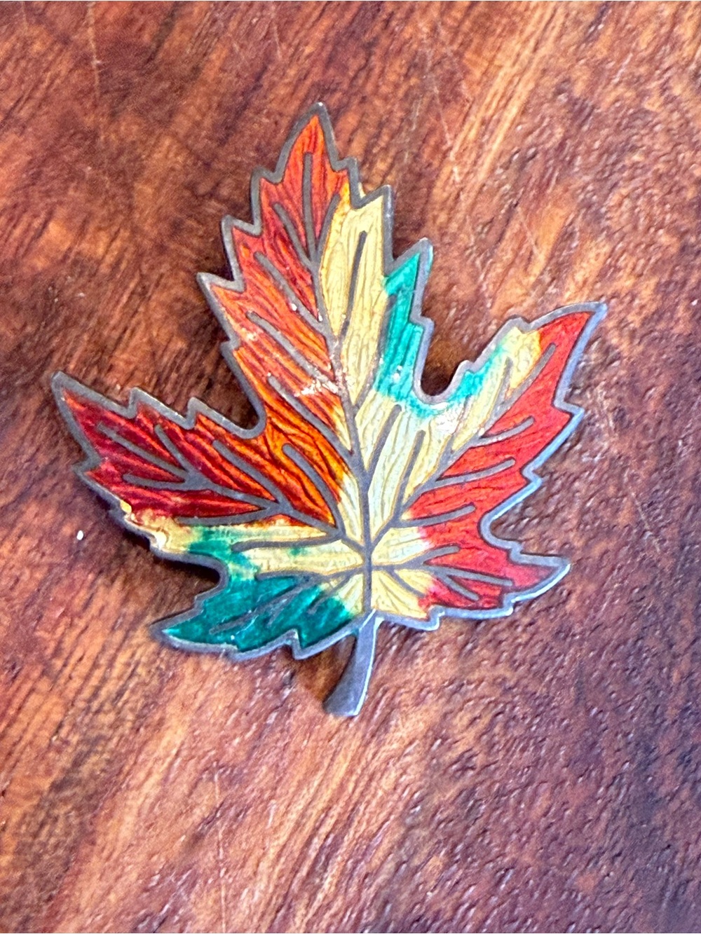 1950s Amco Sterling Silver Gullioche Enamel Maple Leaf Brooch Women’s Colorful